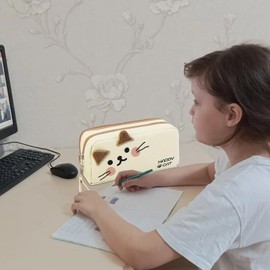 Generic Cute Cat Pencil Case - Embroidered Cat Design, Double Zipper, Oxford Cloth, 22x7x10cm