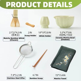 Matcha Whisk Set Includes Matcha Bowl,Bamboo Whisk(Chasen) and Holder,Scoop,Sifter,Tea Towel,Matcha Making Kit Tea Set Gifts for Friend Family Home Office Christmas,Birthday,Mother's Day