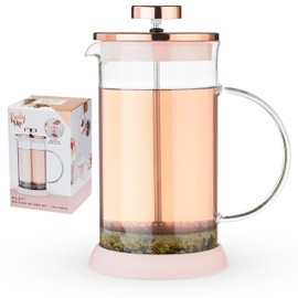 Pinky Up Riley Mini Glass Tea Press Pot, Coffee Maker, French Press for Loose Leaf Tea and Coffee, Hot or Iced Beverage Brewer, 12 oz, Pink