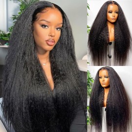 UNMUNM Kinky Straight Human Hair Lace Front Wigs Pre Plucked with Baby Hair Natural Color 30Inch Yaki Straight Human Hair Wigs for Women 13x6 HD Transparent Lace Frontal Wig 180% Density
