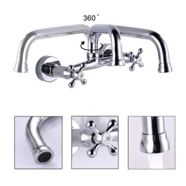 Victorian Wall Mount Kitchen Faucet 8 Inch Center Commercial Faucet with 9 Inch Swivel Spout Two Handle Double Cross Chrome Silver