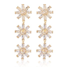 Gold Cubic Zirconia Bridal Earrings - Women’s Marquise CZ Cluster Flower Floral Crystal Rhinestone Dangle Drop Earring Sterling Silver for Bride Bridesmaids Party Prom Earrings