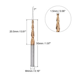 sourcing map Tapered Ball Nose End Mill, TiSiN Coated Solid Carbide 2 Flute Spiral Milling Cutter, 0.75mm Radius, 1.5mm Diameter, 4mm Shank, 50mm Length, 7 Degree Angle