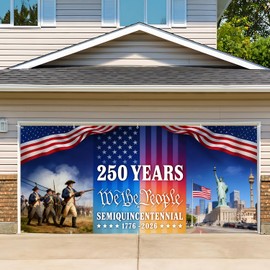 16x7 ft USA 250 Years History Garage Door Banner - “We the People” Tribute with Soldier & Statue of Liberty Scene, Hanging Large Backdrop for Semiquincentennial Events & Patriotic Display