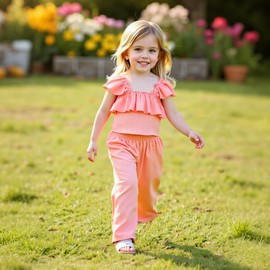 xueteox Summer Outfits for Girls 2 Piece, Pink Short Sleeve Top and Long Pants Set Cute Toddler Kids Clothes. (Pink, 5Y)