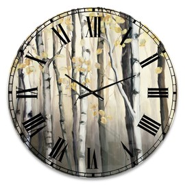DesignQ Traditional Wall Clock 'Golden Birch Forest IV' Large Wall Clock for Living Room Decor