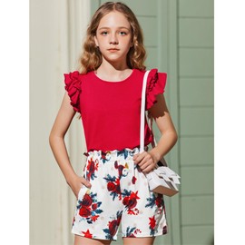 Arshiner Girls Short Sets 2 Piece Summer Outfits Cute Short Sleeve T Shirts and Casual High Waist Paper Bag Shorts,Red,6-7 Y