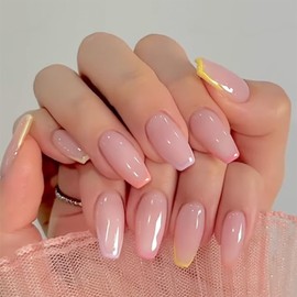 24PCS Medium Nude Press-On Nails with Colorful Stripes, False Nails, Reusable Stick-On Acrylic Nail Tips for Women and Girls Home DIY Nail Art