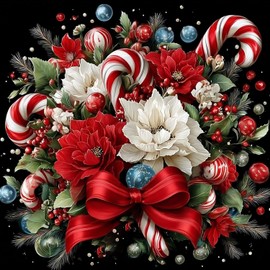 AIRDEA Diamond Art Painting Kits for Adults Beginners 5D DIY Gem Art Kits for Home Wall Decor 12x16in,Cat & Flowers & Xmas (White red Green-Square)