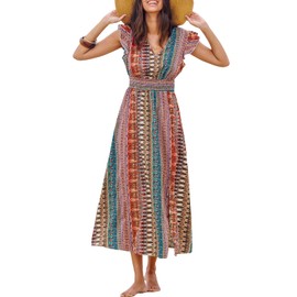 CUPSHE Women's Maxi Dress V Neck Boho Multicolor Flutter Sleeve Smocked Slit A Line Summer Formal Dress Blue/Orange, L