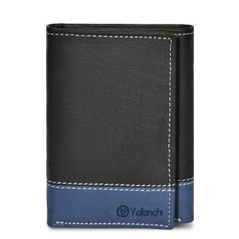 VALENCHI Genuine Leather RFID Blocking Slim Trifold Wallet, 6 Cards+1 ID Window, 2 Note Compartments, Blk/Blue Nappa, Male