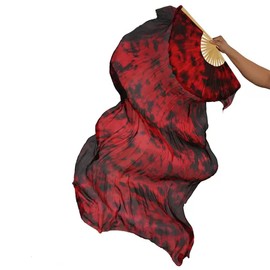 TMZAQH Women 1 Piece Right Hand Real Silk Long Belly Dance Fan Veils 150 * 90 cm, Red and Black Tie-dye, 150*90cm