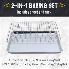 Checkered Chef Quarter Sheet Pan with Wire Rack for Cooking - 1/4 Sheet Pan, 13" x 9.5" Aluminum Cookie Sheets and Stainless Steel Cooling Rack for Baking
