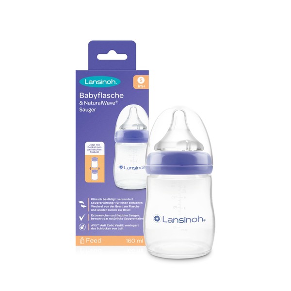 Lansinoh Baby Bottle with NaturalWave Teat Size S, 160 ml - Compact Design for Improved Stability - with Stackable Lid