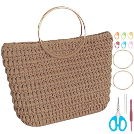 INFUNLY DIY Crochets Bag Kits for Beginners Light Khaki Totebag Crochet Set with Step-by-Step Video Tutorials Metals Handle Crochet Starter DIY Gifts for Adults Women