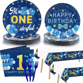 98 Pieces Mr Onederful 1st Birthday Party Decorations Boy 1st Birthday Tableware Set Blue Tablecloth Plates Party Supplies Kit for Baby Boy First Birthday Party Table Cover Dinnerware Party Favors