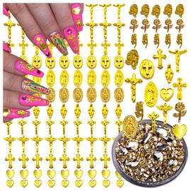 Gehaiwo 138PCS Gold Nail Charms and 1Box Gold Nail Art Rhinestone,Alloy Virgin Mary Cross Rose Flower Nail Decoration for Acrylic Nails, Nail Jewels Accessories for Nail Art Supplies DIY Nail