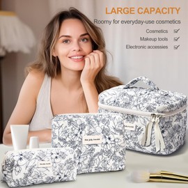 TOPALL Cosmetic Bag Travel Women's Beauty Case Made of Cotton, Large Make Up Bag, Portable Makeup Bag, Toiletry Bag Organiser with Capacity with Floral Pattern for Travel Accessories, Travel