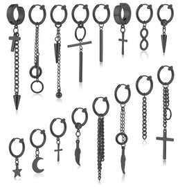 REVOLIA 16 Pieces Stainless Steel Hoop Dangle Earrings for Men Women Non-piercing Earrings Hinged Huggie Earrings Set Non-piercing B