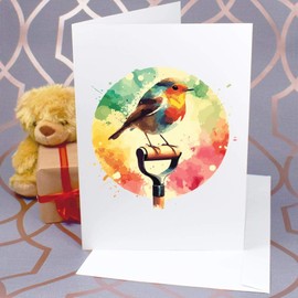Large (A4) 'Robin on a Garden Spade' Blank Greeting Card (GC00064838)