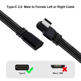 YINGAYOU Flat USB C Extension Cable 90 Degree USB C Male to Female Extension Cable Support Charging and Data 480Mbps 65W 5V 3A for Phones, Laptops, PC (Left Right Bent, 30 cm)