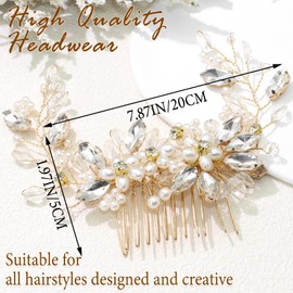 SAWINDA Wedding Hair Piece Sparkly Crystal Hair Side Comb Gold Bridal Pearl Headwear Bride Bridesmaid Flower Headdress for Women and Girls