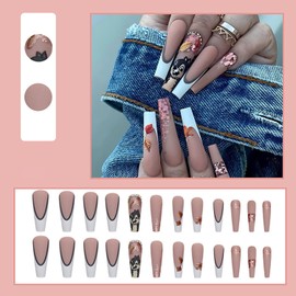 24 Pcs Fall French Tip Press on Nails Long Coffin Fake Nails with Squirrel Design Matte Full Cover False Nails Thanksgiving Nails Press ons Artificial Glue on Nail Reusable Stick on Nail for Women