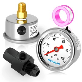 MEANLIN MEASURE 0-100Psi Stainless Steel Glycerin Filled Pressure Gauge 1/8" NPT 1.5" FACE DIAL, with 6AN Pressure Take Off Fitting, Liquid Filled Pressure Gauge WOG Water Oil Air Back Mount