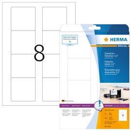 HERMA 4355 Disketten Etiketten 3,5 Zoll, 25 Blatt, 70 x 67,7 mm, 8 pro A4 Bogen, 200 Stück, selbstklebend, bedruckbar, matt, blanko Papier ZIP-Disk Klebeetiketten Aufkleber, weiß