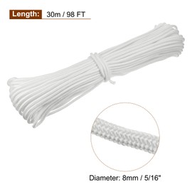 sourcing map 98Ft 1/3 inch (8mm) Polypropylene Rope, Diamond Braided Poly Rope, All-Purpose Utility Rope for Camping Tent, Canoes, Tree Work, White
