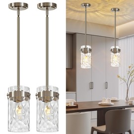 Brushed Nickel Pendant Lights Kitchen Island 4.72" Hammered Glass 2 Pack