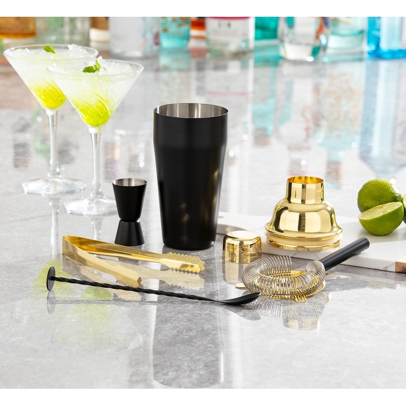 Homiu Cocktail Shaker Set Black and Gold 5-Piece, Stainless Steel
