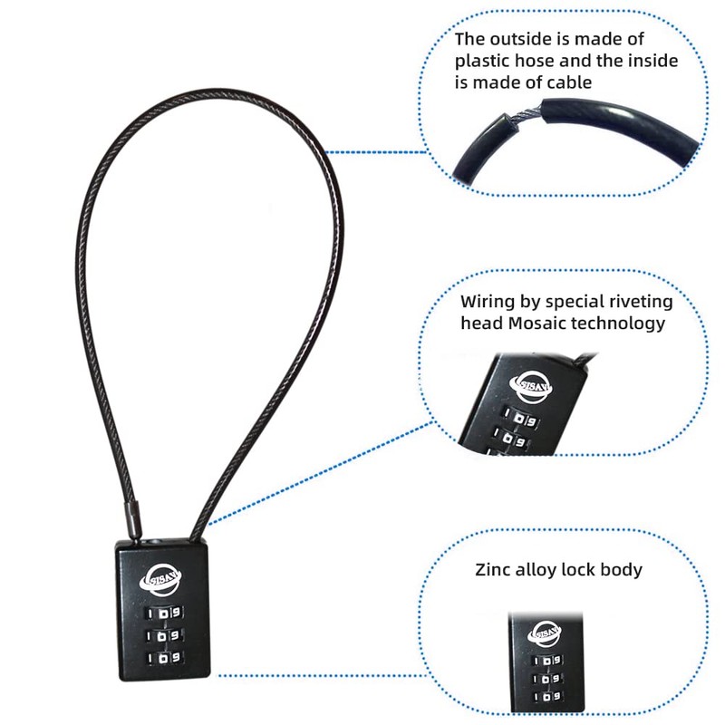 SISAV 3 Digit Cable Combination Lock 5 inches Cable for