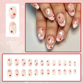 Heart French Tip Press on Nails Medium Oval Fake Nails Romantic Glue on Nails Glossy Acrylic Stick on Nails for Women DIY Manicure