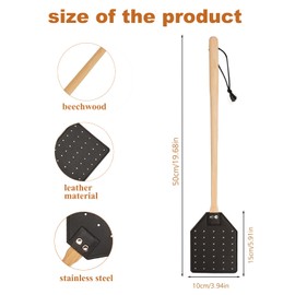Heavy Duty Leather Fly Swatter, Long Handle Fly Swatter with Beech Wood Handle 19.7" Length, Flyswatter for Indoor and Outdoor (Black)