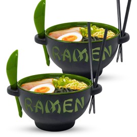 Ramen Bowl Set with Chopsticks and Spoon - Green Microwavable Ceramic Ramen Bowl Set - Use as Ramen Noodles Bowl, Pho Bowls & Japanese Dish Set - Ramen Bowl with Chopsticks and Soup Spoon (Set of 2)
