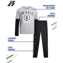 Pro Athlete Boys Pant Set - 2 Piece Tracksuit with Short Sleeve Graphic Tee and Tricot Jogger Sweatpants for Boys (8-16), Size 8, Black Grey Hustle