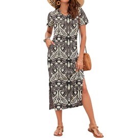 MISFAY Women Summer Midi Dresses Casual Loose Short Sleeve Dress Split Maxi Beach Sundress Travel Vacation Dress with Pockets