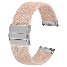 Anbeer Braided Nylon Watch Band Quick Release,20mm Stretchy Replacement Watch Strap,Pink with Silver Double Push Button Folding Clasp
