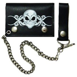 Skull Tribal Flames Design Biker Chain Leather Wallet Tri Fold