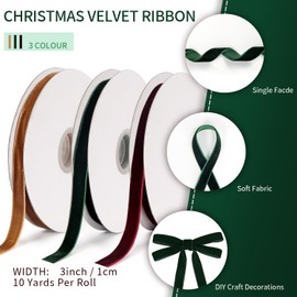 3 Rolls of Vintage Velvet Ribbon,1cm Wide Single Face Velvet Ribbon for Gift Wrapping Bow Making Christmas Decoration Floral Bouquets DIY Crafts 30 Yard(10 Yard/Roll) (Wine Red+Dark Green+Khaki)