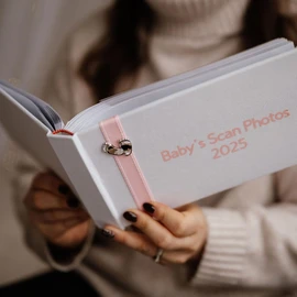 Baby's Scan Photo Album '2025' with Stitched Pink Ribbon & Pewter Baby Feet Design - Pink Ribbon (2025)