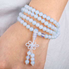 KYEYGWO 108 Prayer Mala Beads Wrap Wrist Bracelet for Women & Men, Tibetan Buddhist Meditation Stone Necklace for Unisex Elastic, Opalite