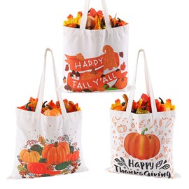 Quera 3 Pack Fall Canvas Tote Bags Sunflower Tote Bag Pumpkins Canvas Bag Reusable Cotton Handbag Grocery Bags for Shopping Market Travel Beach Autumn Theme Harvest Party Favors, 13" x 13"