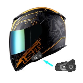 1Storm Motorcycle Full Face Helmet Skull King Matt Orange HJK311 + One Extra Clear Shield + Motorcycle Bluetooth Headset
