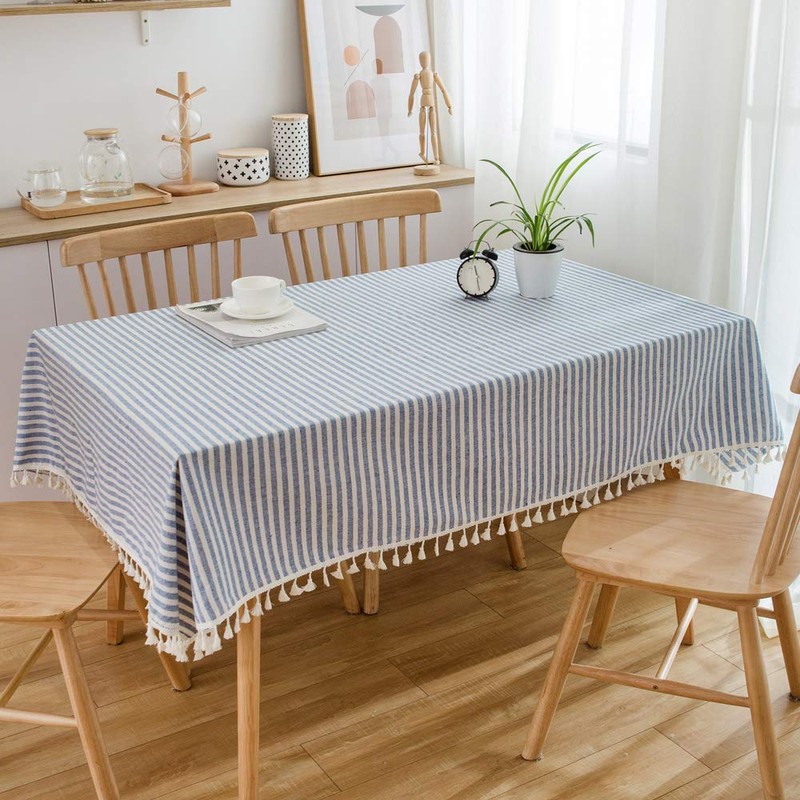 Plenmor Cotton Linen Table Cloth Stripe Tassel Square Tablecloth Dust-Proof