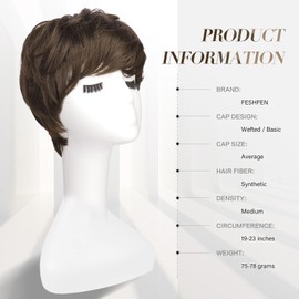 FESHFEN Pixie Cut Wigs Synthetic Short Brown Pixie Haircut Wig with Bangs Glueless Layered Wig Wavy Wigs for Women