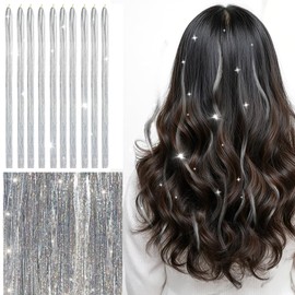 2000 Hair Tinsel, 120 cm Glitter Hair Strands with Tool, Glitter Strands for Hair for Women Children Cosplay Party Accessories, Silver Hair Tinsel Set, Girls & Children Hair Tinsel