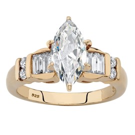 PalmBeach Yellow Gold-Plated or Platinum-Plated Sterling Silver Marquise Cut Cubic Zirconia and Baguette Bridal Engagement Ring Size 8