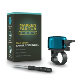 MARKEN FAKTUR® Bicycle Bell Mountain Bike - Includes Screwdriver - Bell Bicycle Made of Robust and Durable Stainless Steel - Bicycle Bell with Improved Fit - Road Bike Bell (Blue)